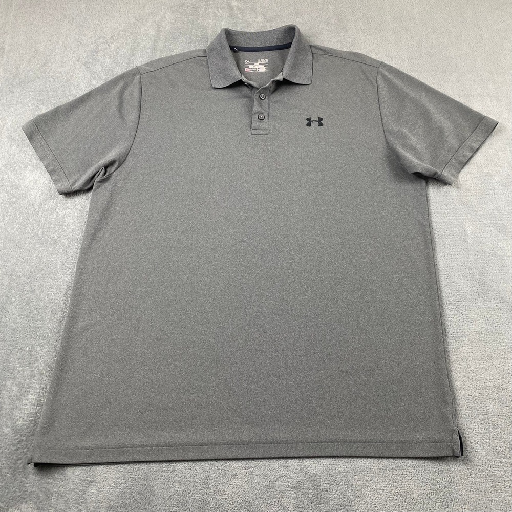 Under Armour Men XL Polo Shirt Grey HeatGear Loose Fit Short Sleeve Logo